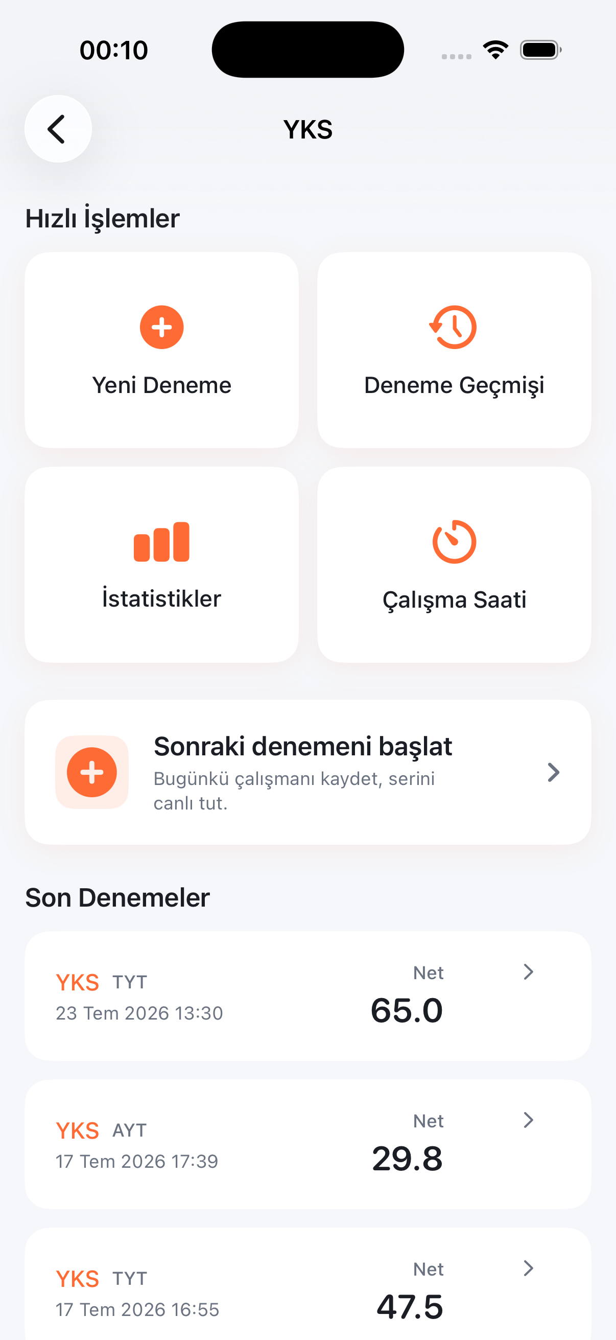 Korteks kontrol paneli — deneme özeti, hedef ilerlemesi ve son oturumlar